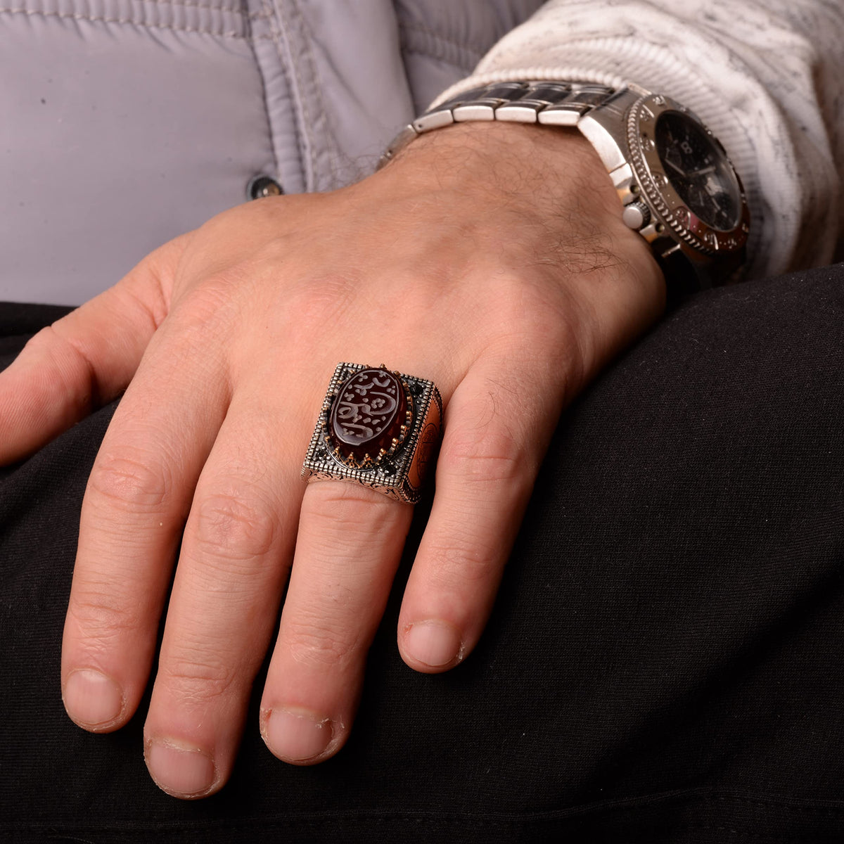 925 Sterling Silver Men's Ring, Islamic Men's Ring, Muslim Ring, Natural Agate Stone — 7