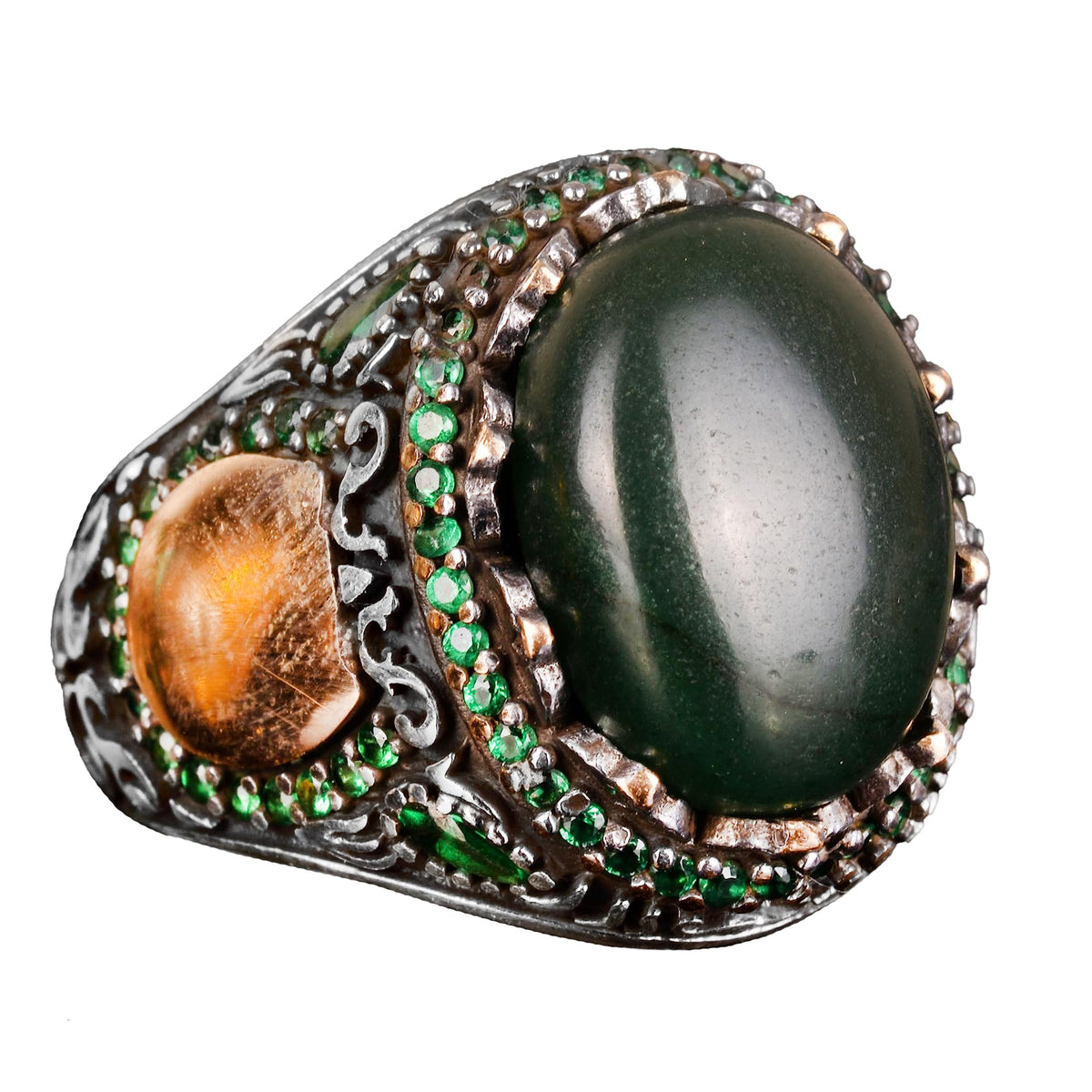 925 Sterling Silver Men's Ring, Natural Green Jade Stone, Handmade Design