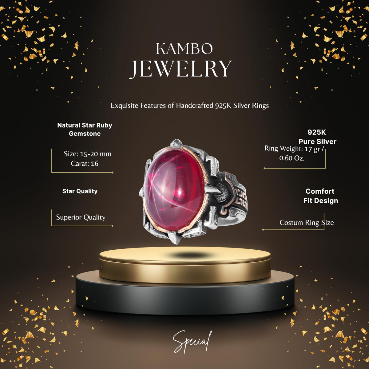 KAMBO Natural Stone Ring 925 Sterling Silver – Handmade Men's Statement Ring Healing Jewelry (Star Ruby) — 2