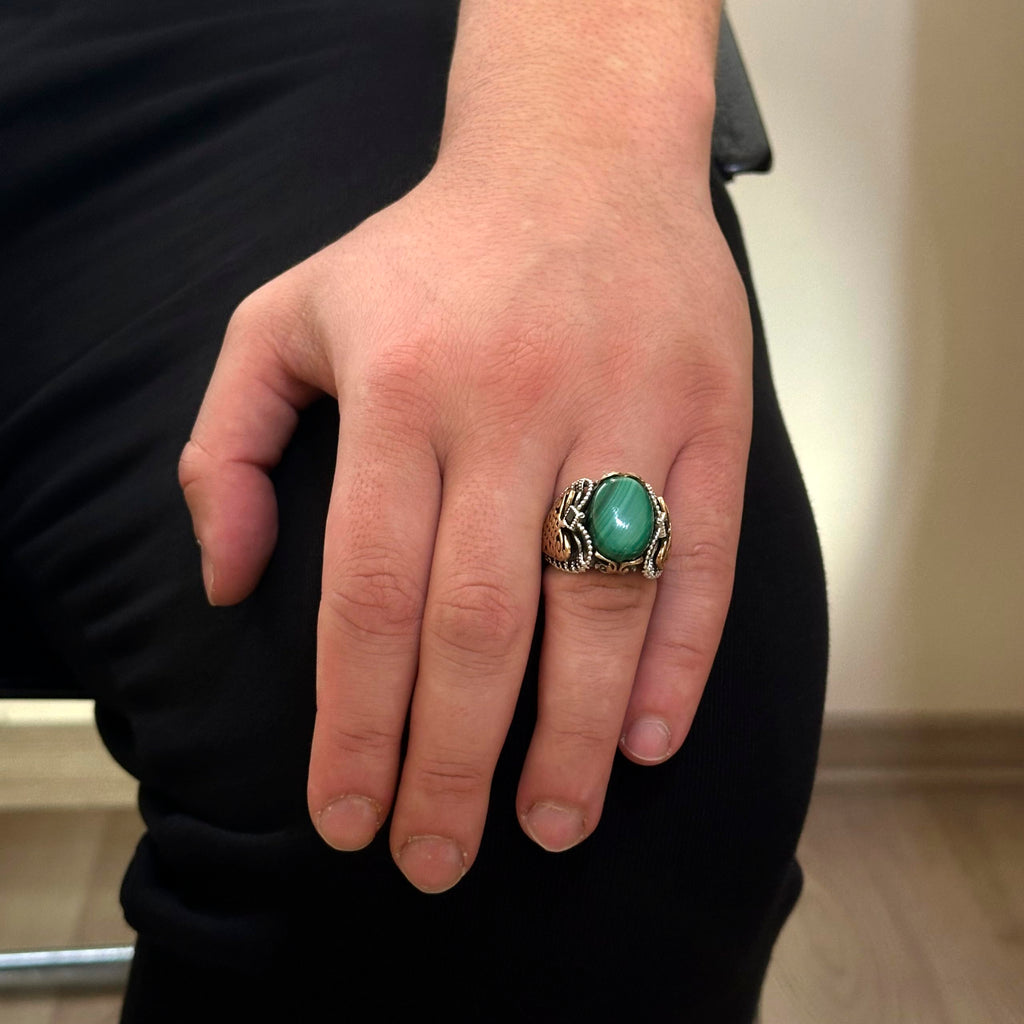 Natural Malachite Stone Ring, 925 Sterling Silver Men's Ring — 3