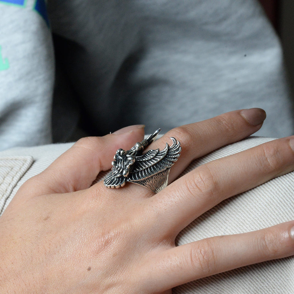Large and Heavy Silver Biker Ring - Phoenix and Skull Design — 7