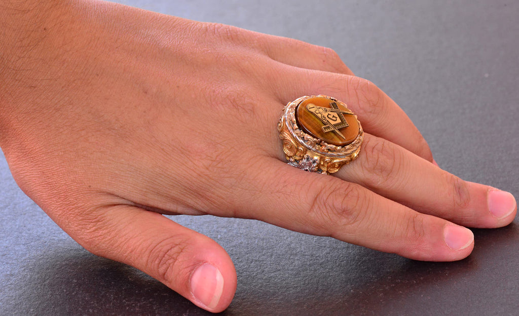 Mason Ring - Master Mason Silver Ring, Tiger Eye Stone, Gold Plated — 6