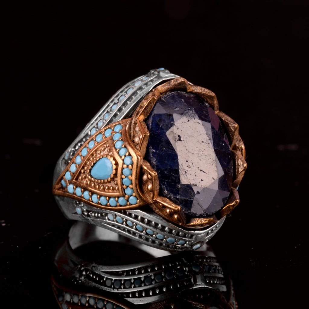 Natural Sapphire Stone Ring, 925 Sterling Silver Men's Ring (Model-2) — 4