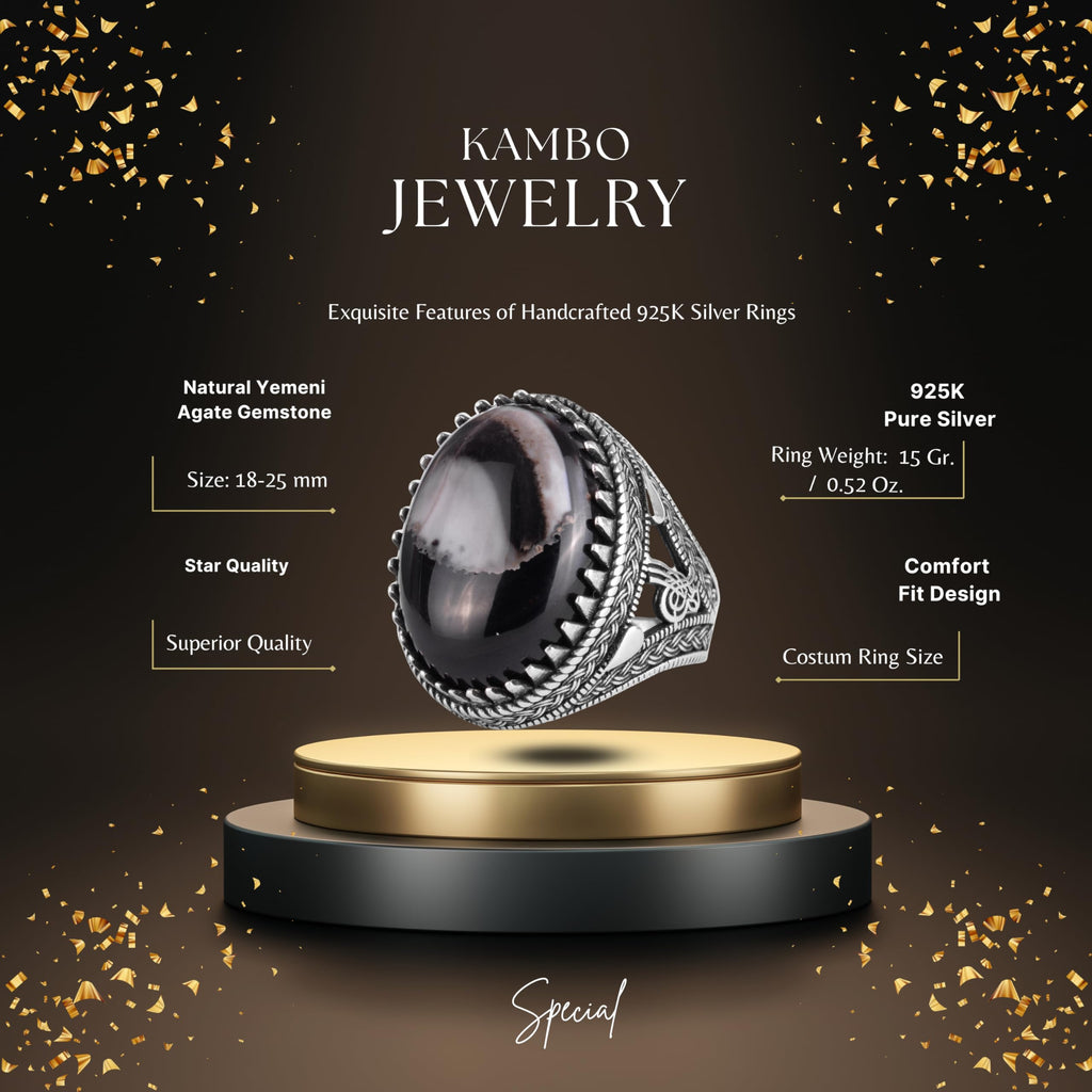 KAMBO Natural Yemen Agate Stone Men's Ring – 925 Sterling Silver Large Statement Ring – Handmade Ottoman Tugra Design Jewelry (Style-2) — 2