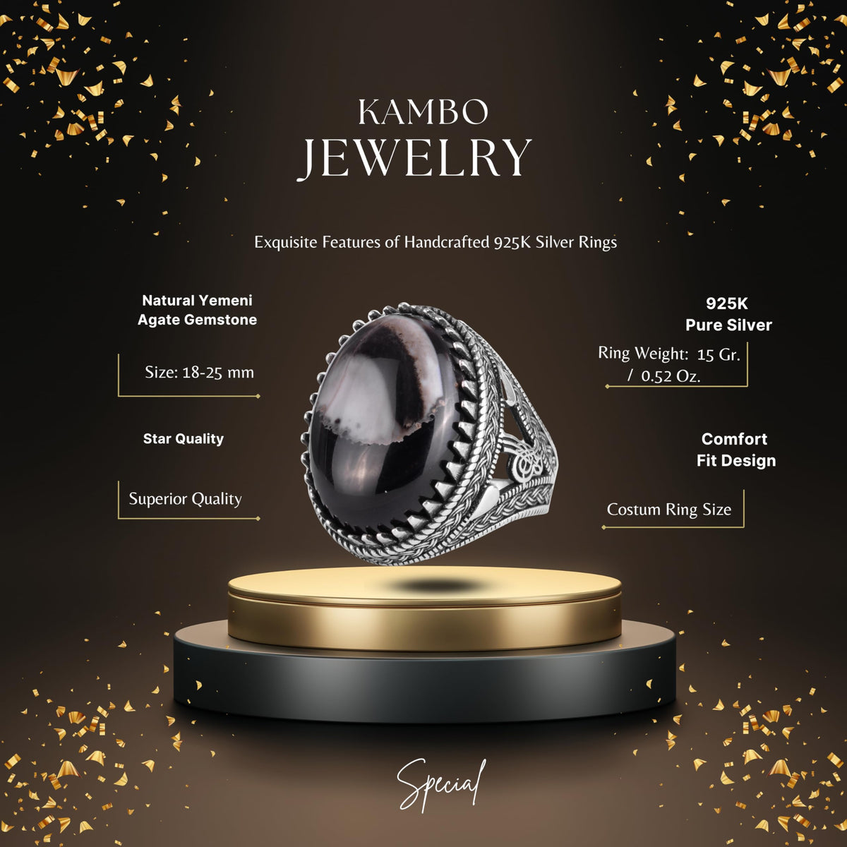 KAMBO Natural Yemen Agate Stone Men's Ring – 925 Sterling Silver Large Statement Ring – Handmade Ottoman Tugra Design Jewelry (Style-2) — 2