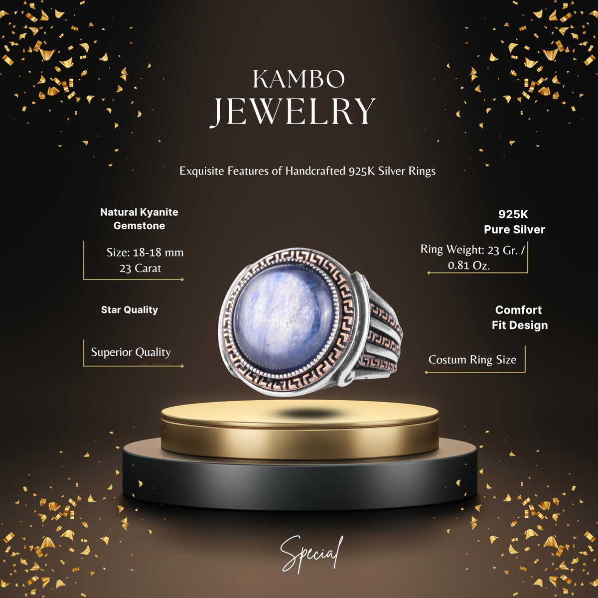 KAMBO Stone Round Men's Ring 925 Sterling Silver – Cabochon Handmade Vintage Greek Pattern Statement Ring (Kyanite) — 2