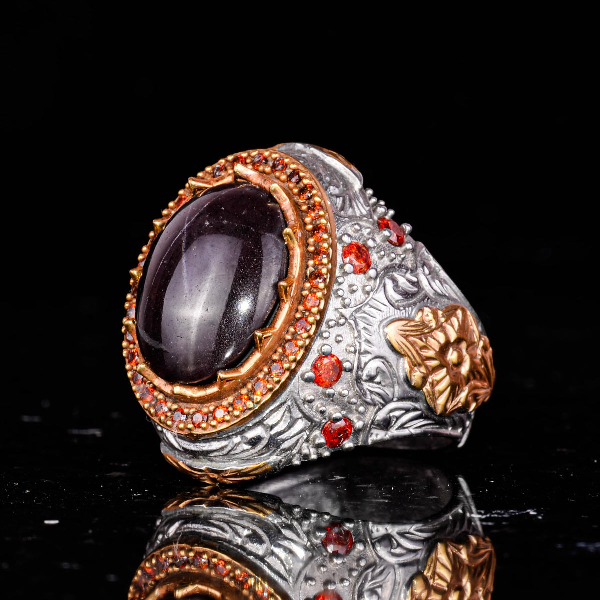 925 Sterling Silver Ring - Handmade Vintage Design with Natural Star Garnet Stone — 6