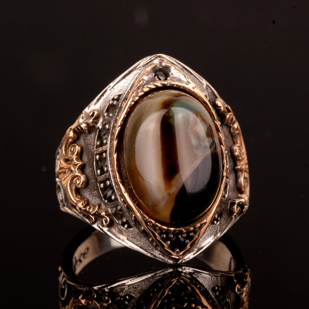 Silver Men's Ring, Natural Agate Stone Ring — 6