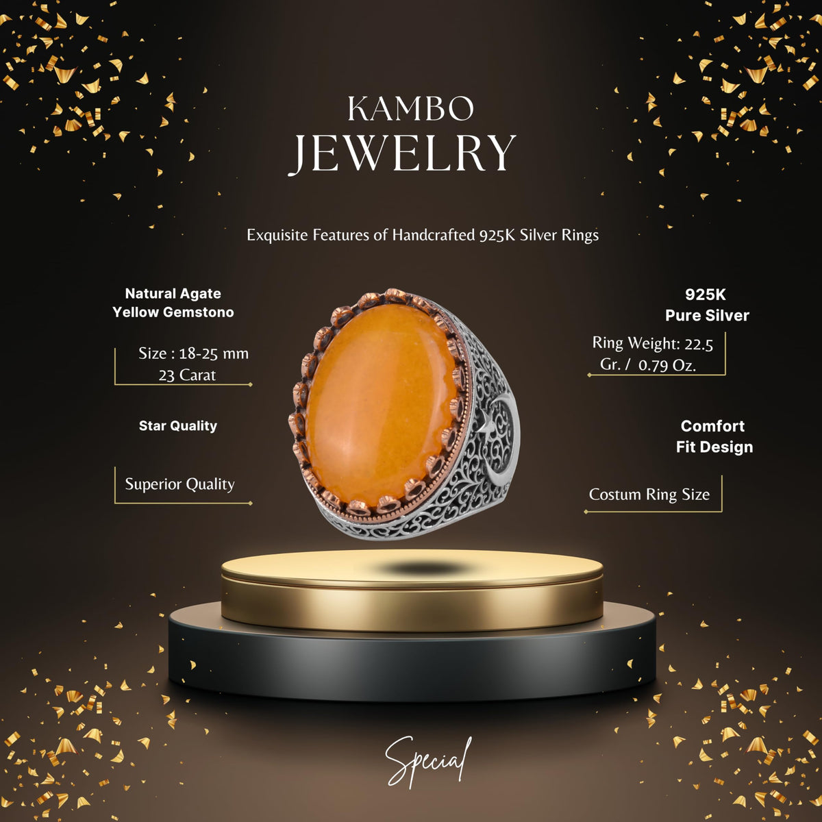KAMBO 925 Sterling Silver Natural Stone Men's Ring - Moon and Star Design - Handmade Vintage Jewelry (Yellow Agate) — 2