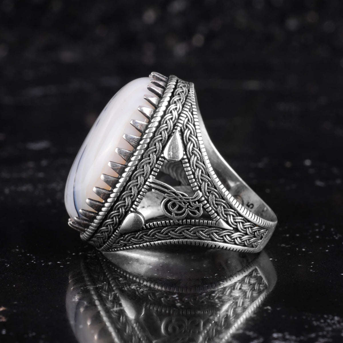 KAMBO Natural Yemen Agate Stone Men's Ring – 925 Sterling Silver Large Statement Ring – Handmade Ottoman Tugra Design Jewelry (Style-5) — 6