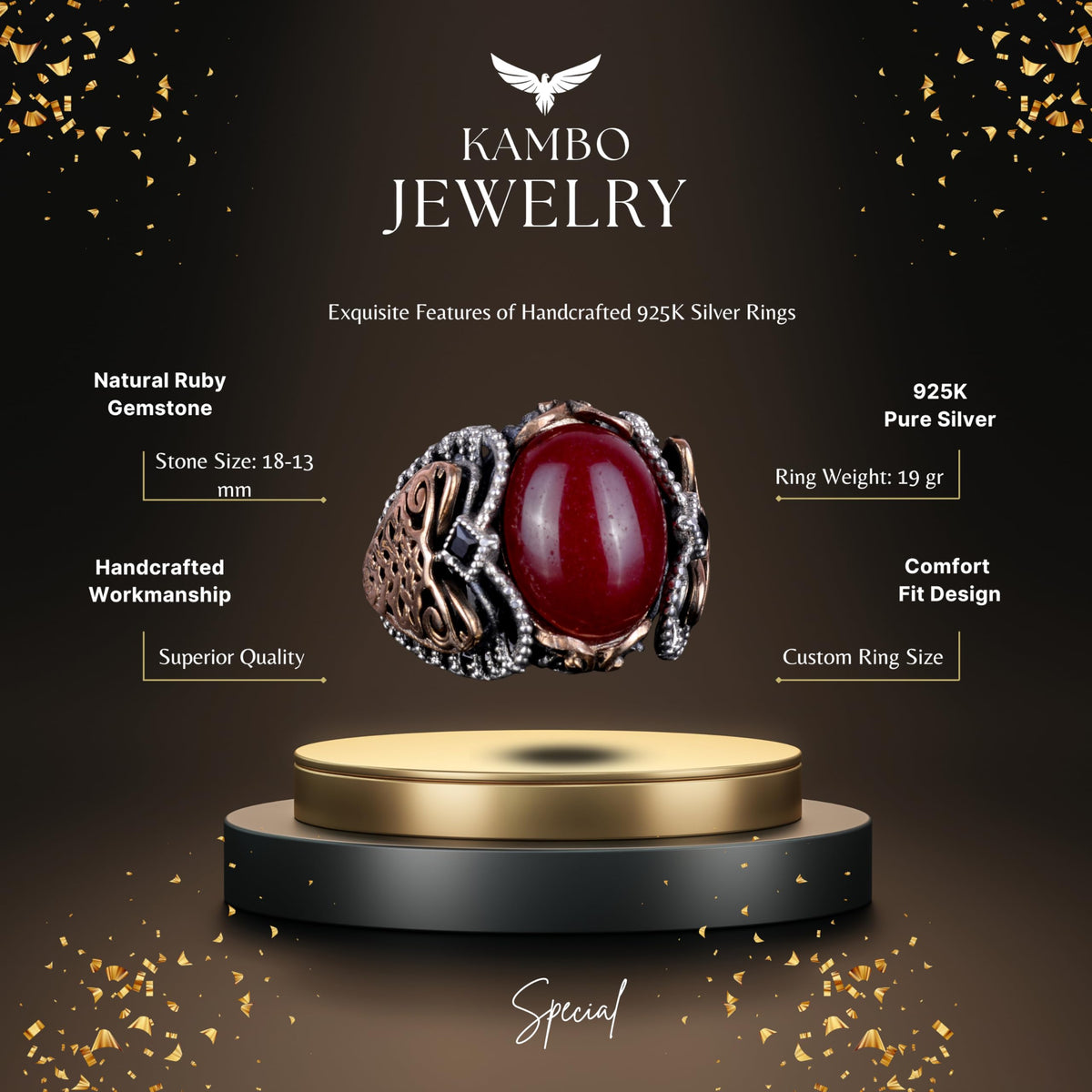 925 Sterling Silver Ring, Natural Cabochon Ruby Gemstone Ring — 2