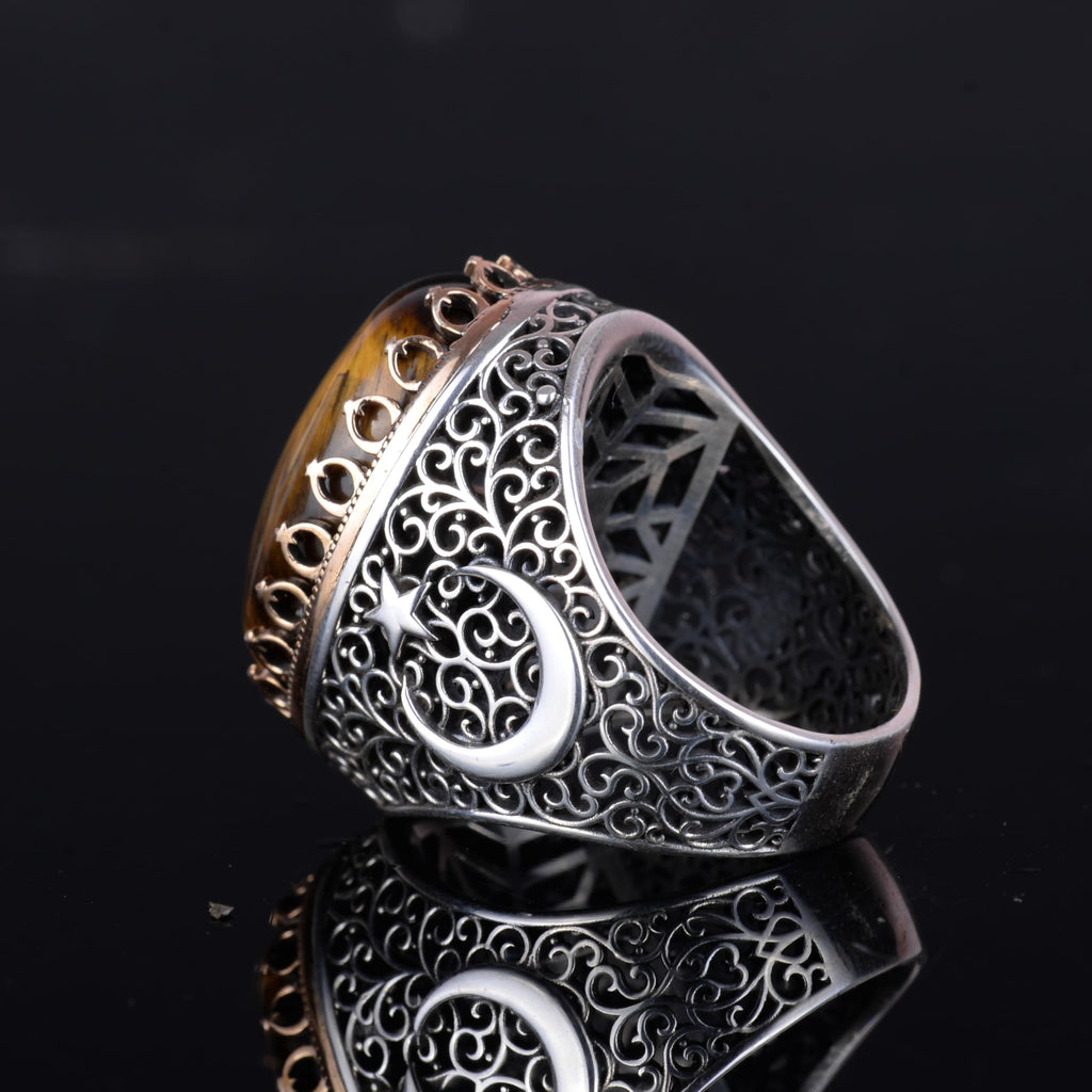 KAMBO 925 Sterling Silver Men's Natural Stone Ring - Moon and Star Design - Handmade Vintage Jewelry (Tiger's Eye) — 8