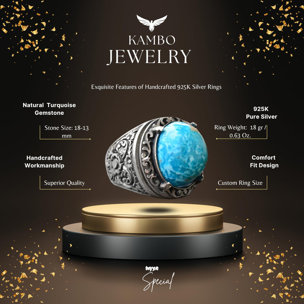 KAMBO Handmade Natural Turquoise Stone Men's Ring in 925 Sterling Silver, Vintage Style-2 Statement Ring, Unique Gift fo