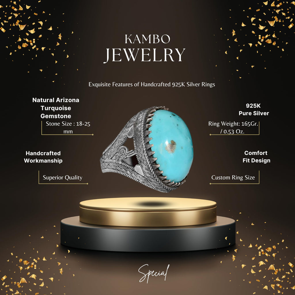 Silver Ring - Natural Turquoise Oval Stone, Ottoman Design — 2