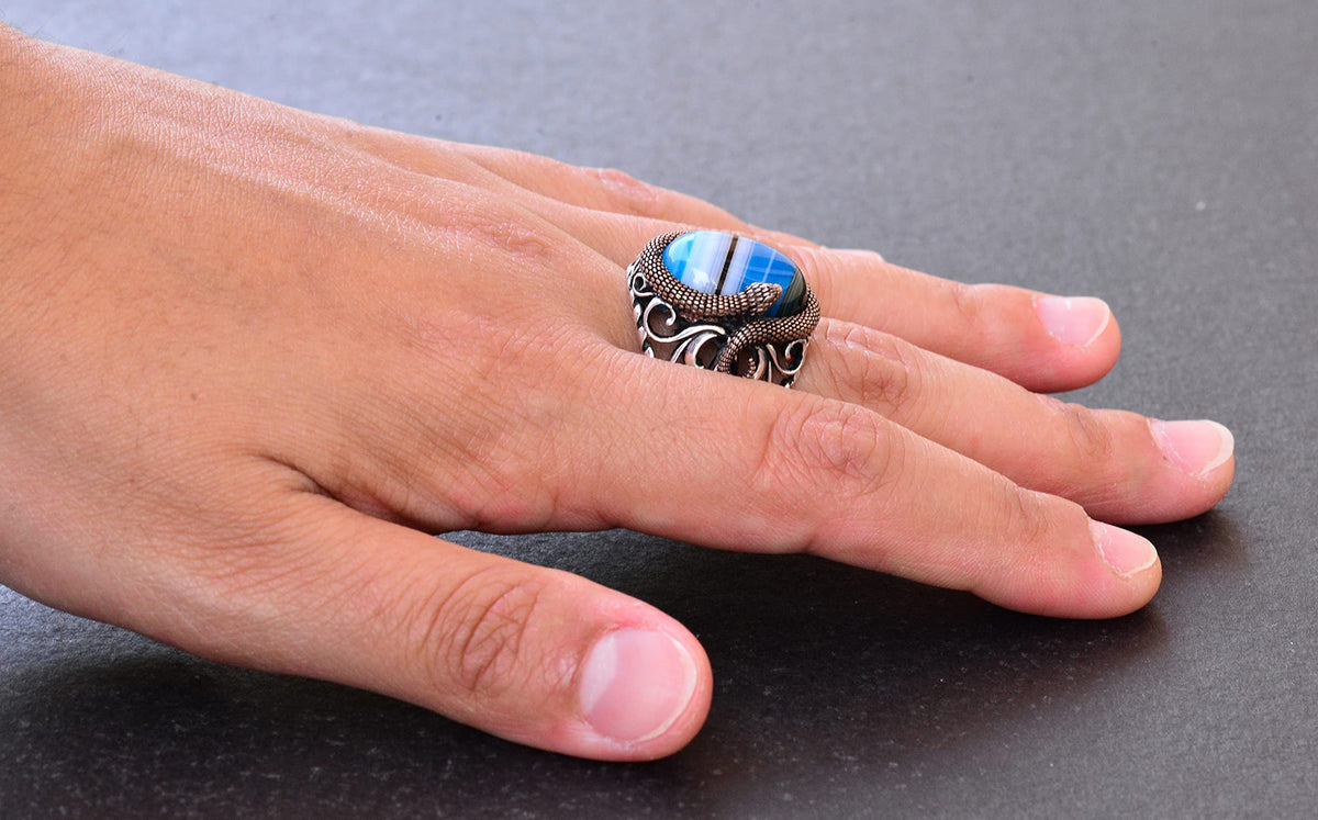 925 Sterling Silver Men's Ring - Blue Agate Stone — 6