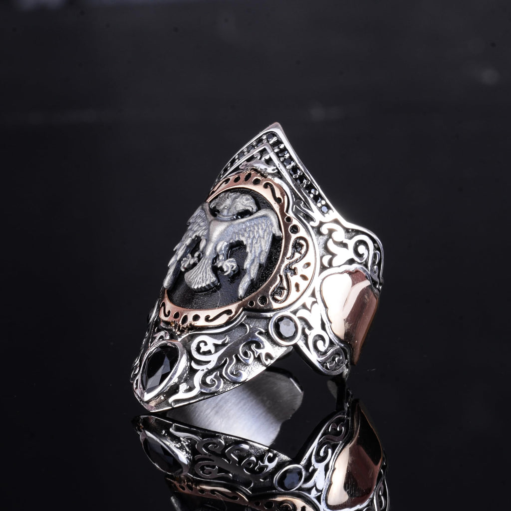 KAMBO Seljuk Double-Headed Eagle Archer Ring – Design Topaz Large Ring for Men – 925 Sterling Silver Handmade Sejuk Symbol (Black Topaz) — 5