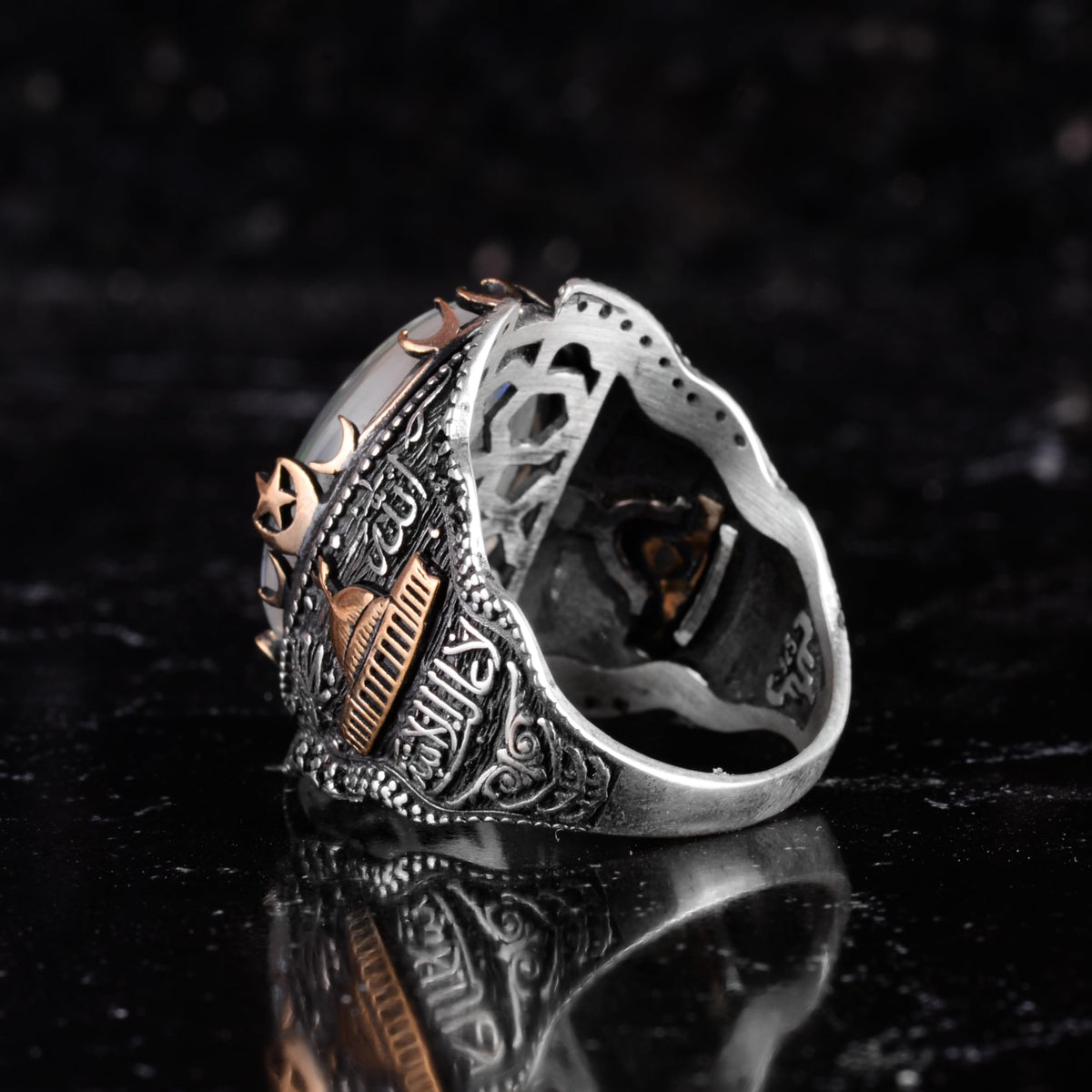 Certified Natural Opal Stone Large Men's Ring 925 Sterling Silver – Mosque Motif Black Detailed Bronze Detailed Handmade Statement Ring — 5