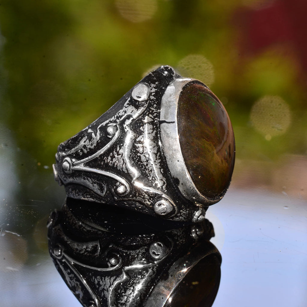 KAMBO Handmade 925 Sterling Silver Men's Ring with Natural Ethiopian Opal Gemstone, Vintage Statement Jewelry, Unique St