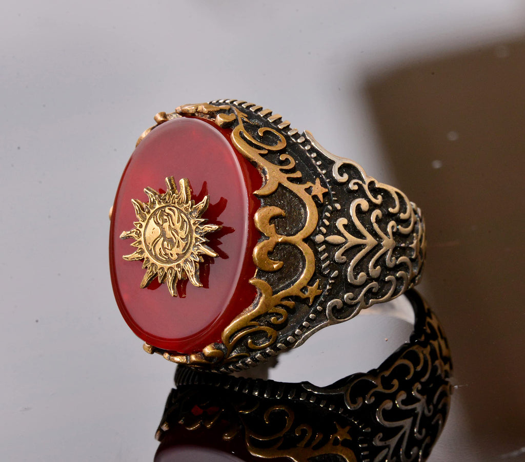 Natural Red Agate Stone Men's Seal Ring - 925 Sterling Silver (Sun) — 3