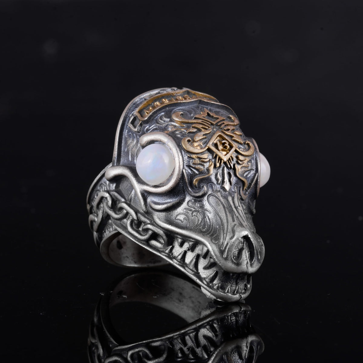 KAMBO 925 Sterling Silver Gold Plated Natural Stone Men's Dragon Ring – Large Statement Ring (Opal) — 7