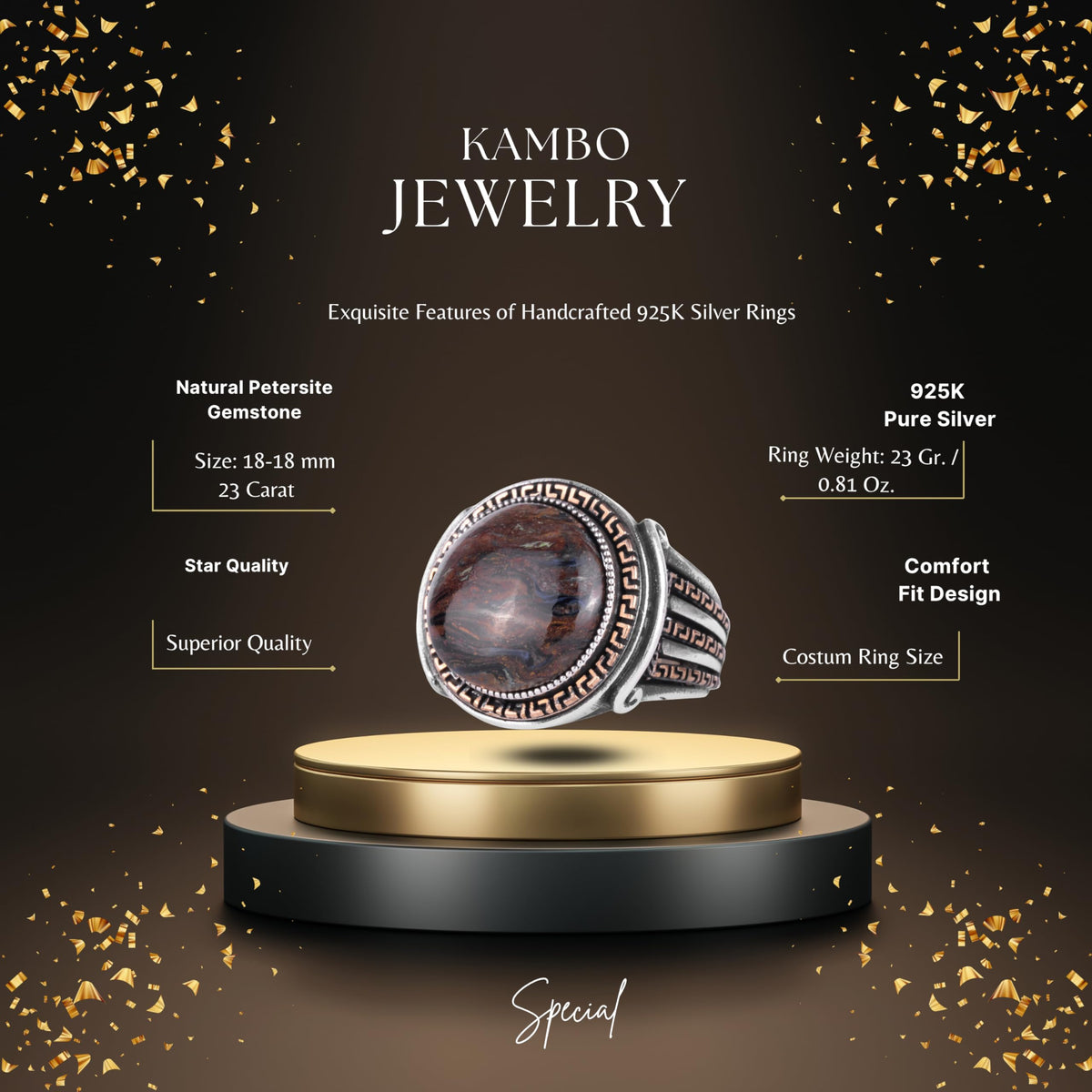 KAMBO Stone Round Men's Ring 925 Sterling Silver – Cabochon Handmade Vintage Greek Pattern Statement Ring (Pietersite) — 2