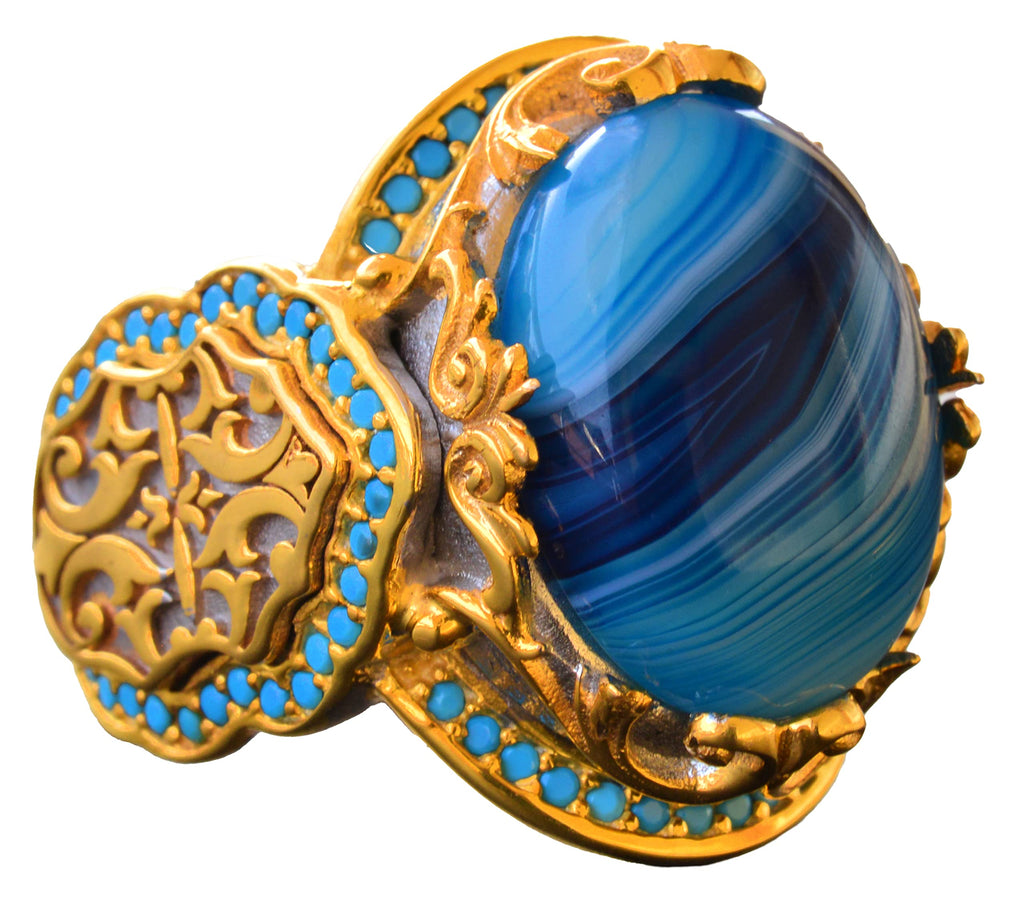 Natural Blue Agate Stone Ring – 925 Sterling Silver King Ring – Gold Plated