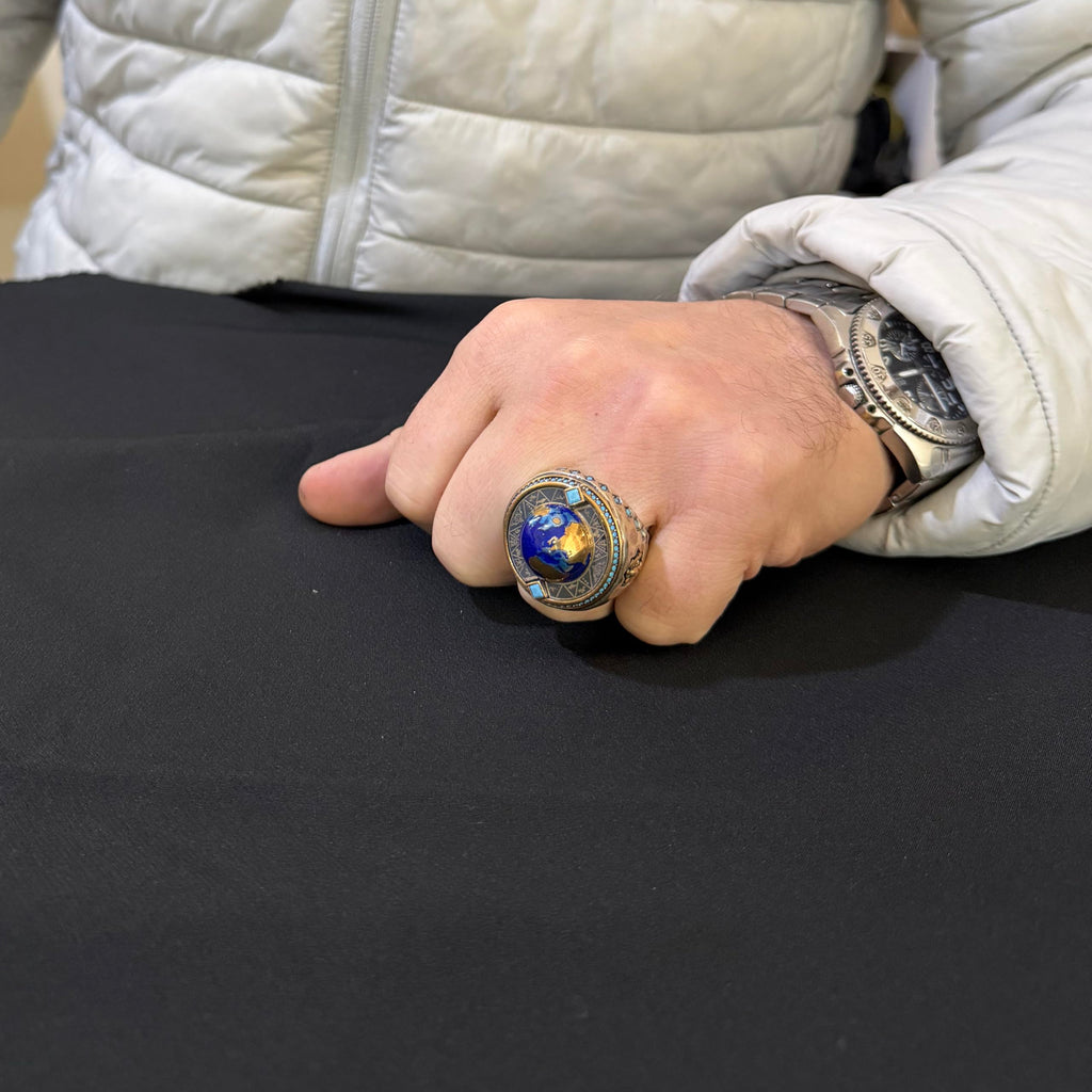 KAMBO World Map Men's Ring – Eagle Symbol, Blue Enamel Globe Design with Bronze Details 925 Sterling Silver Oval Seal Ring – Handmade Statement Jewelry — 3