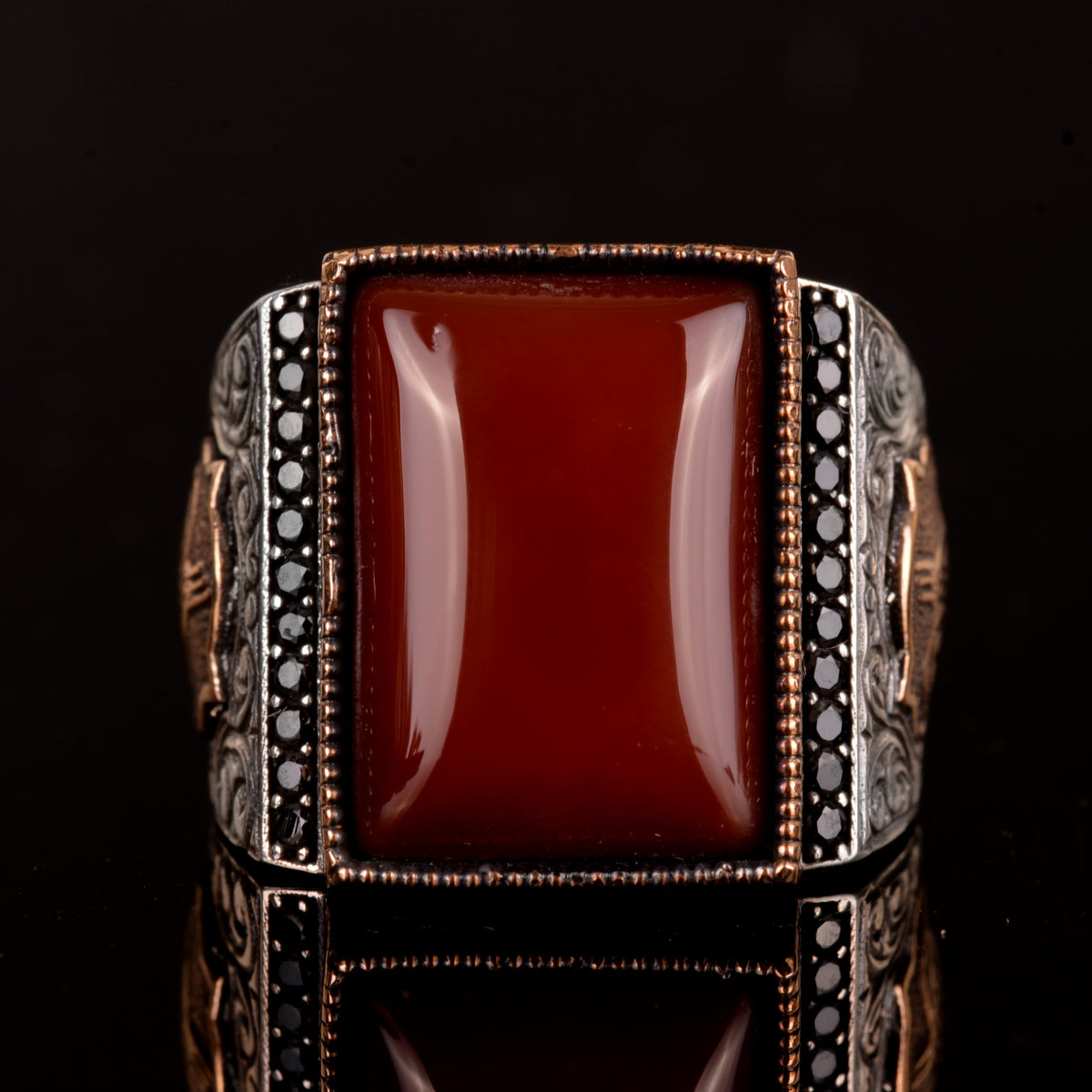 925 Sterling Silver Ring, Artificial Agate Stone Ring, Tughra Ring — 7