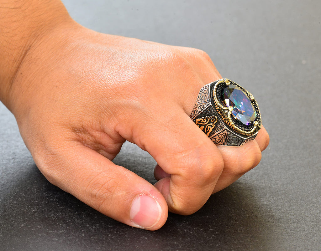 Handmade Silver Men's Ring - Synthetic Mystic Topaz Stone — 7