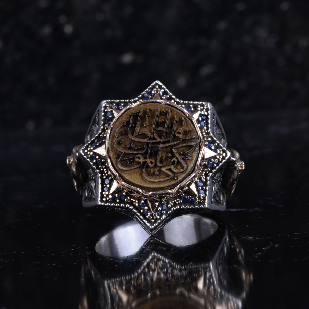 KAMBO 925 Sterling Silver Arabic Calligraphy Star Shaped Bronze Detailed Large Men's Ring Religious Spiritual Statement Ring (“Kefâ bil-mevti vâizan”) — 4