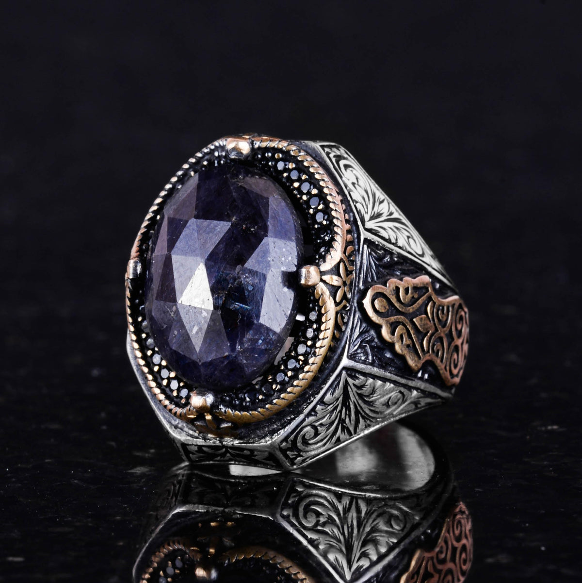 Natural Blue Sapphire Stone Ring - 925 Sterling Silver Men's Ring — 5