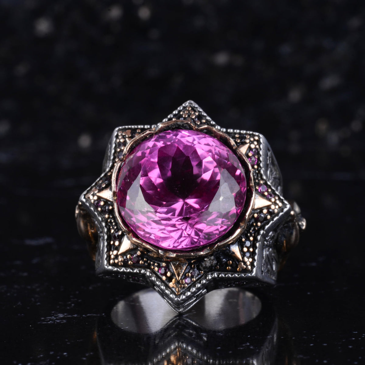 KAMBO Certified Natural Pink Spinel Stone Men's Ring – Bronze Detailed 925 Sterling Silver – Certified Gemstone Handmade Statement Ring — 3