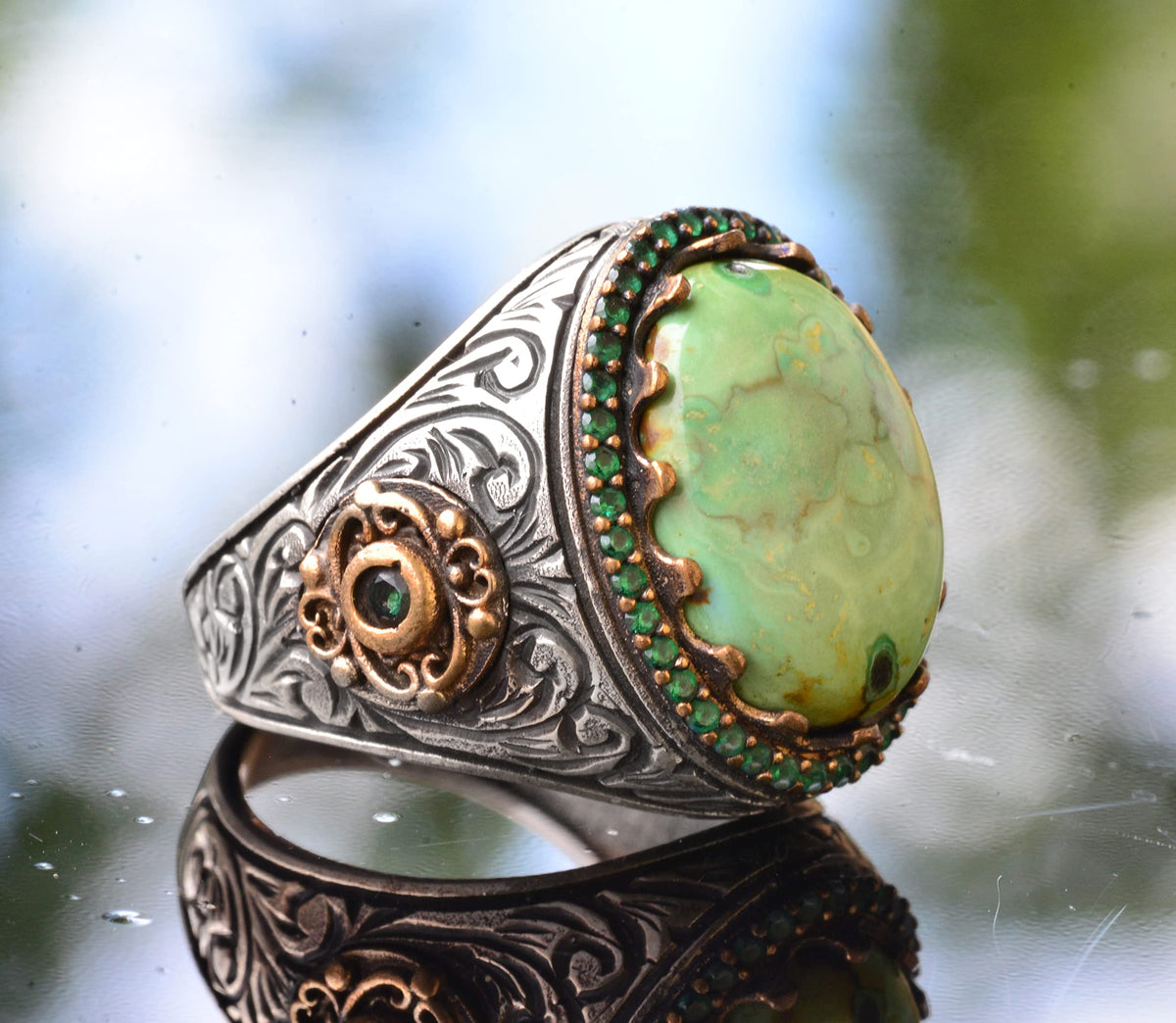 Natural Arizona Turquoise Stone Ring - 925 Sterling Silver Men's Ring — 4