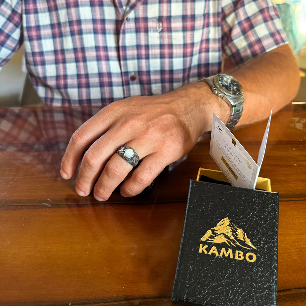 KAMBO Natural Stone Men's Ring – 925 Sterling Silver Minimalist Engraved Band | Handmade Elegant Jewelry (Opal) — 3