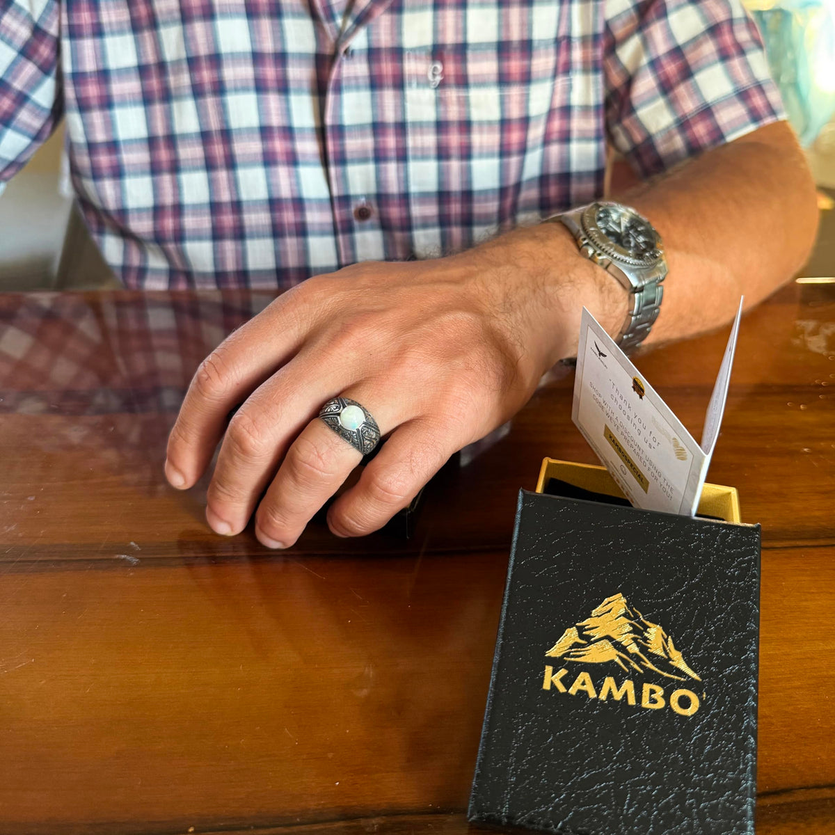 KAMBO Natural Stone Men's Ring – 925 Sterling Silver Minimalist Engraved Band | Handmade Elegant Jewelry (Opal) — 3