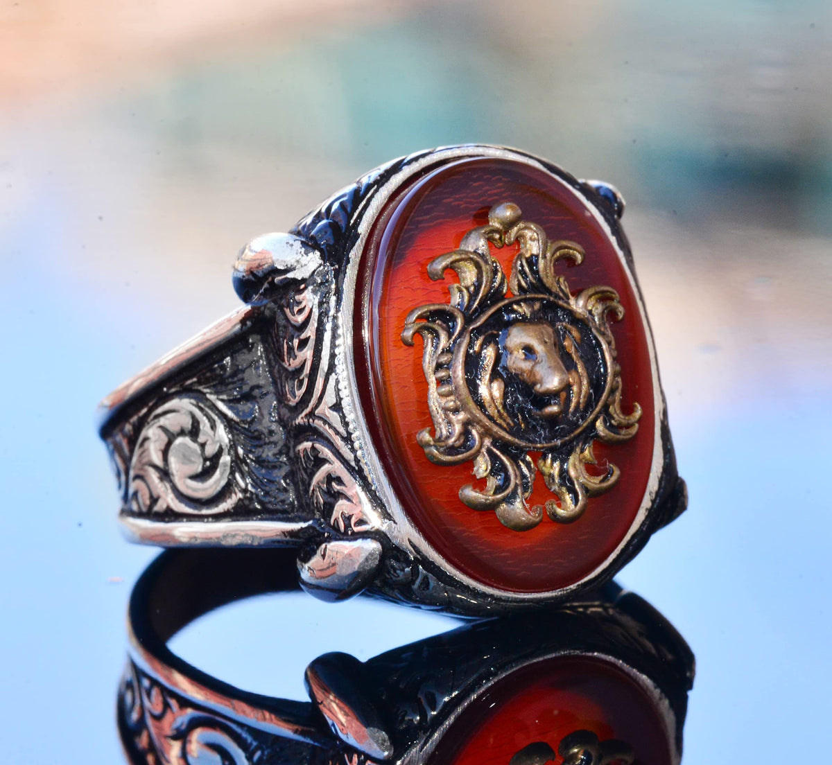 925 Sterling Silver Men's Ring with Created Agate Stone - Lion Symbol Design, Bold and Majestic