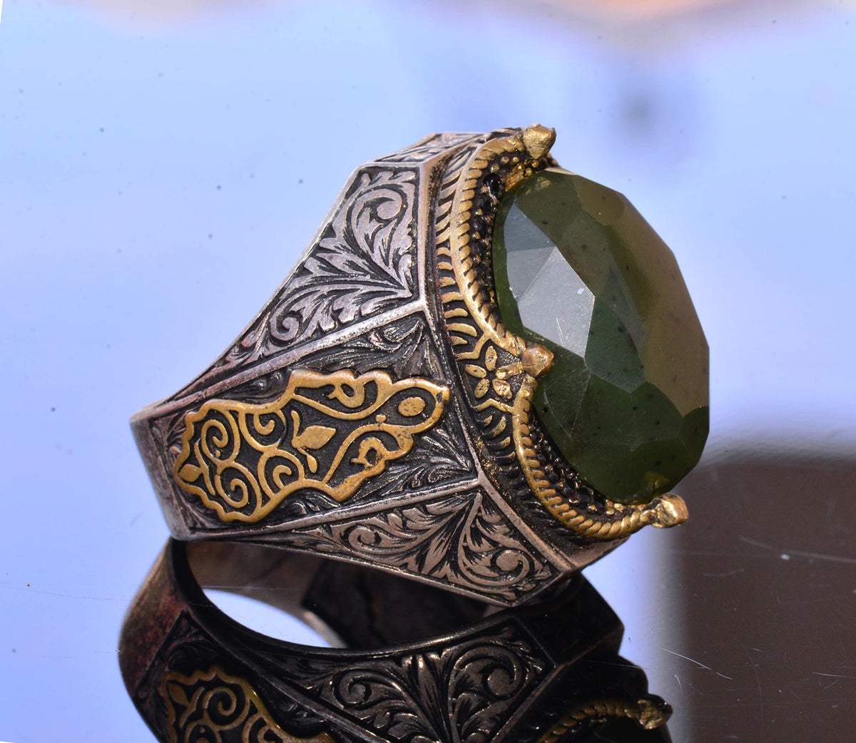 KAMBO Handmade Vintage Emerald Jade Ring for Men, 925 Sterling Silver with Gold Accents, Statement Gemstone Jewelry, Cla