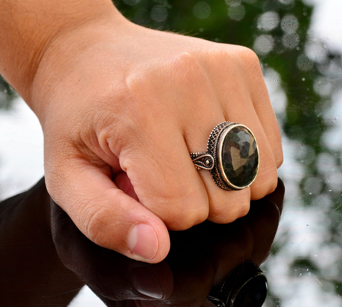 Silver Ring, Natural Emerald Stone, Vintage Design — 7