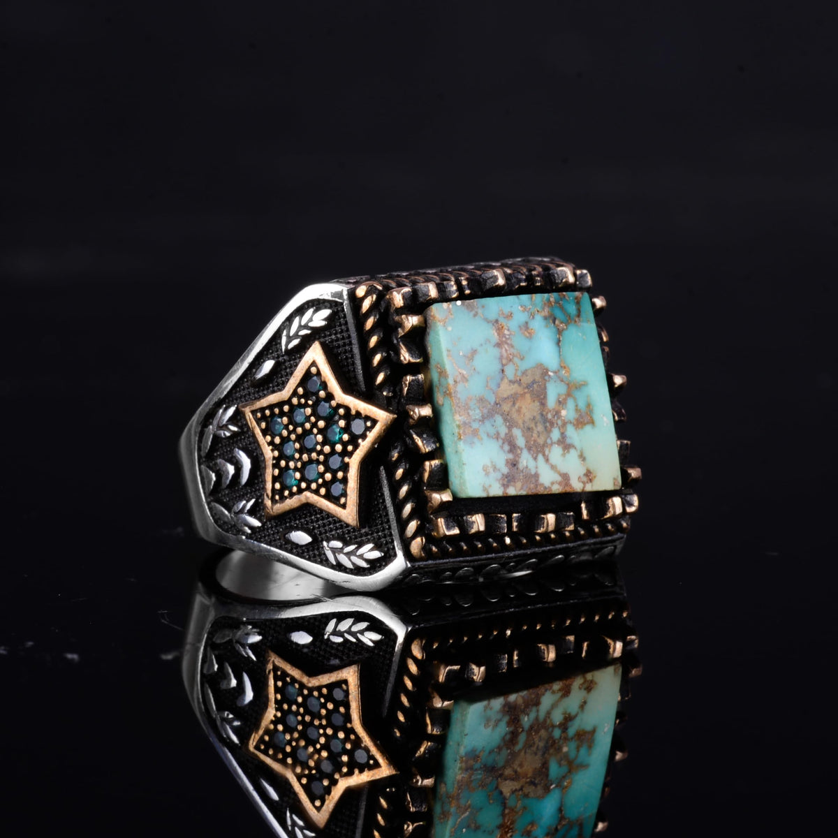 KAMBO Natural Stone Men's Ring – 925 Sterling Silver Star Motif Square Cut Ring (Turquoise) — 6
