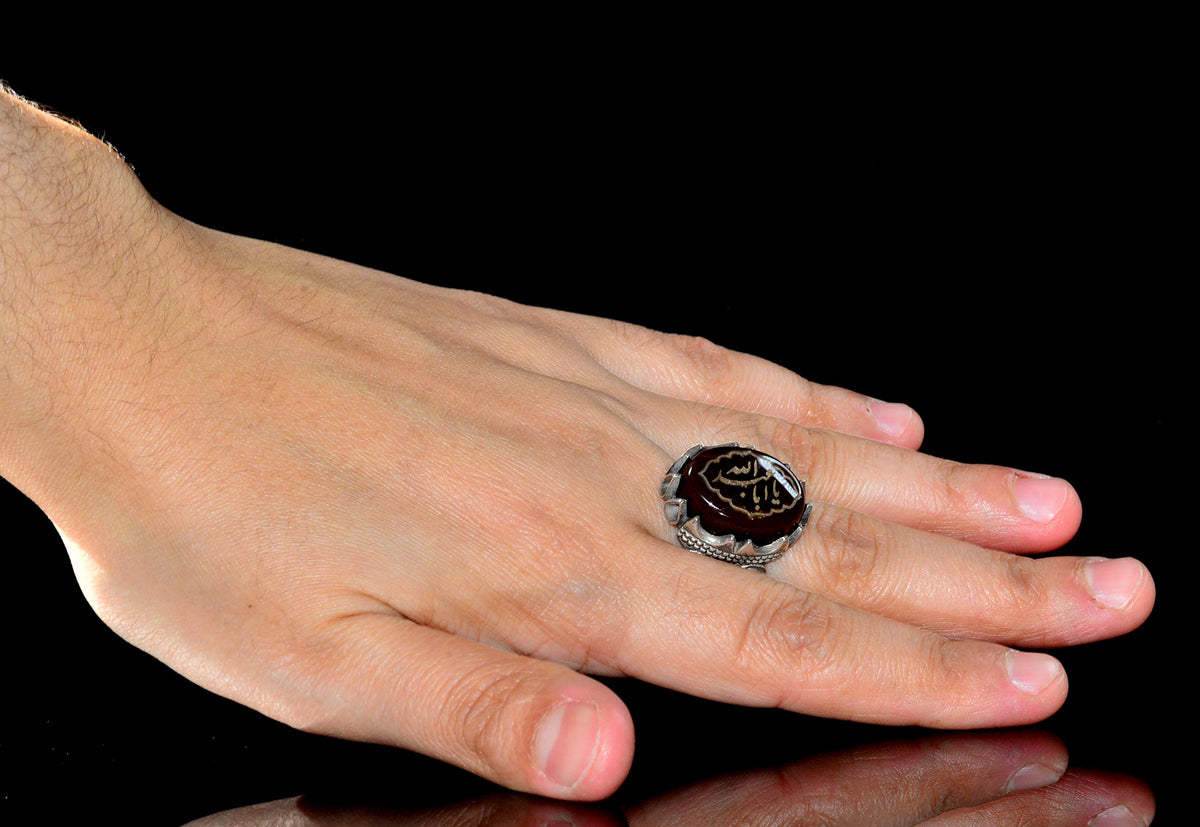 Islamic Ring | Men's Silver Ring | Stylish Religious Ring with Natural Agate Stone — 6
