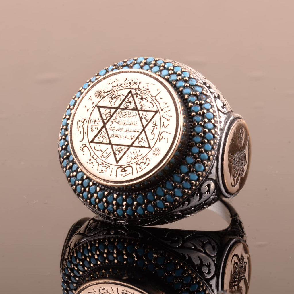 Islamic Star of David Ring - Crescent and Turquoise Detailed, 925 Sterling Silver — 3