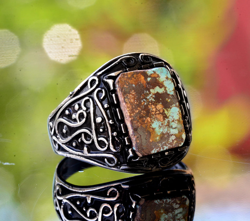 KAMBO Handmade 925 Sterling Silver Men's Ring with Real Arizona Turquoise Gemstone 6.10 Carat, Minimalist Vintage Statem