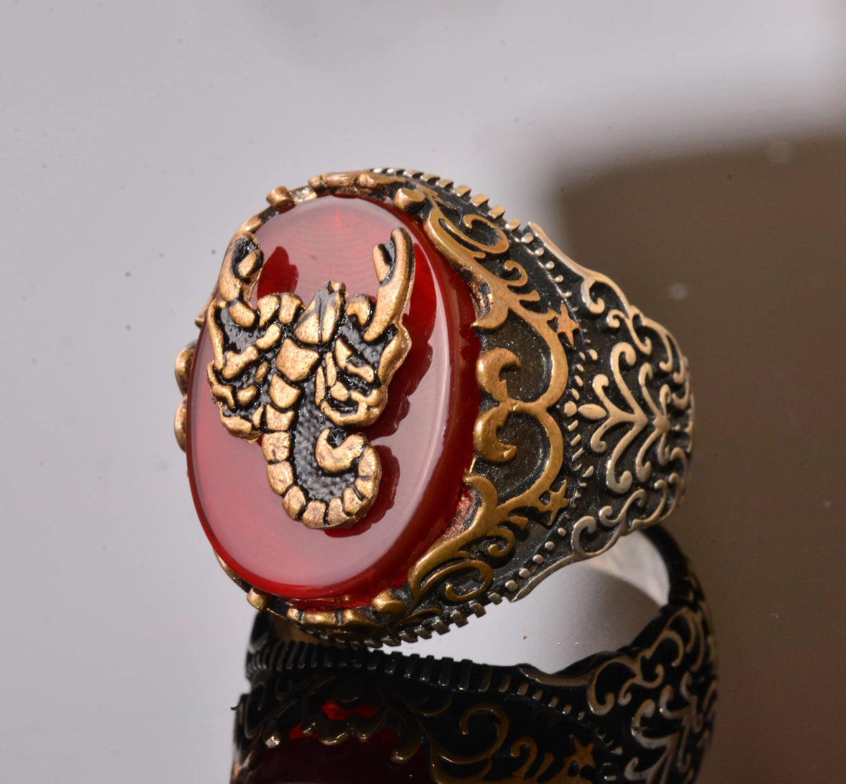 Natural Red Agate Gemstone Ring - 925 Sterling Silver Seal Ring (Scorpio) — 3