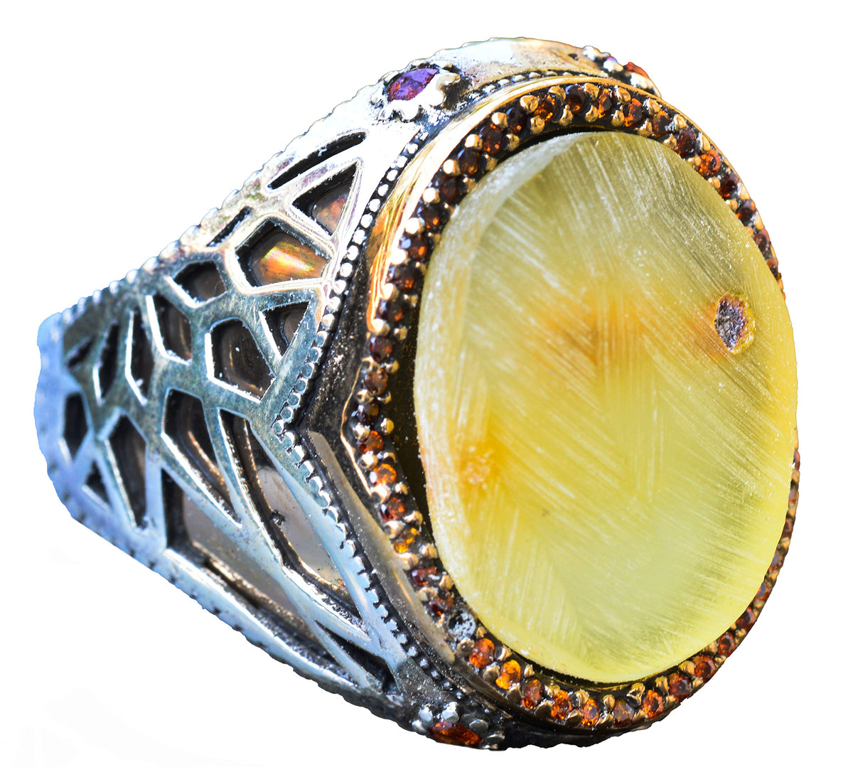 Natural Amber Stone Ring - 925 Sterling Silver Men's Ring