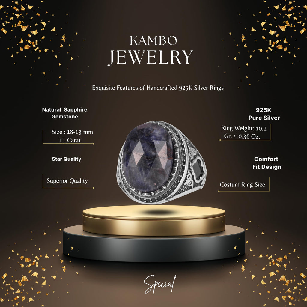 KAMBO Natural Sapphire Men's Ring – 925 Sterling Silver Oval Handmade Stone Statement Ring (Sapphire-2) — 2
