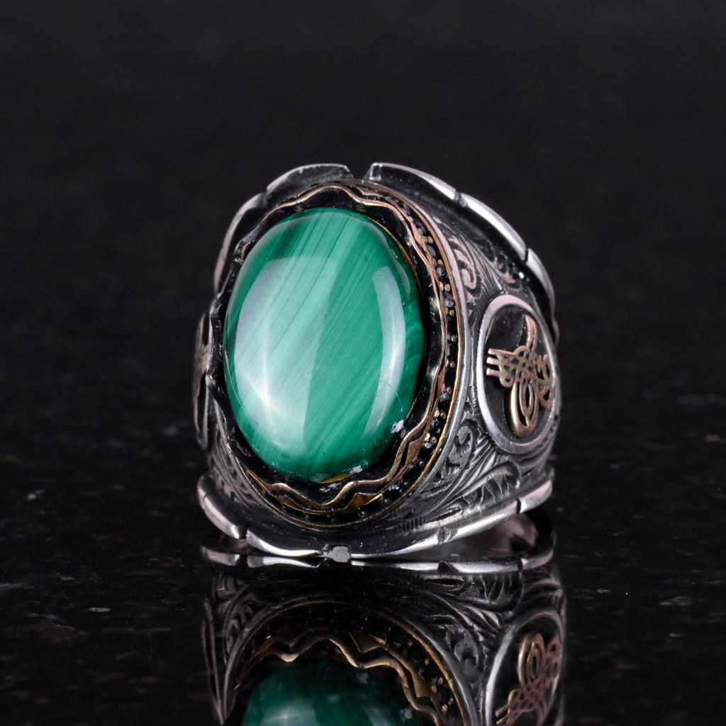 925 Sterling Silver Men's Ring, Natural Malachite Stone Ring, Ottoman Tugra Silver Ring — 3
