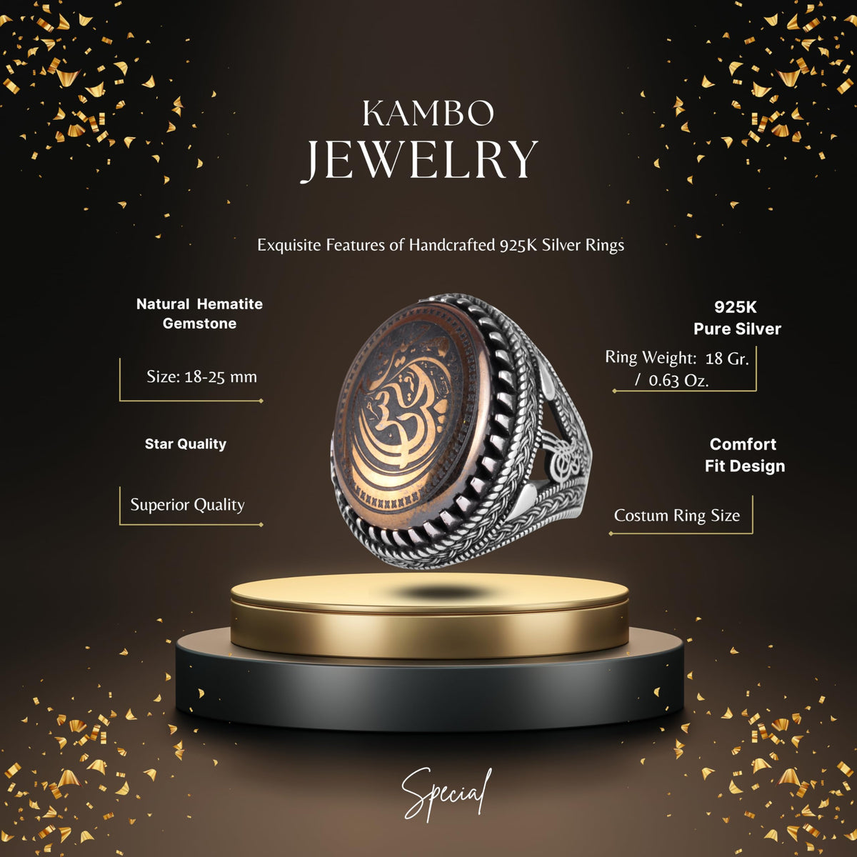 KAMBO Men's Natural Hematite Stone Ring – 925 Sterling Silver Ya Ali Arabic Calligraphy Ring – Ottoman Style Statement Ring — 2