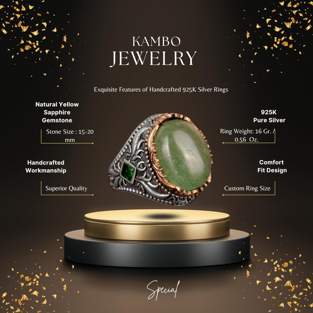 Emerald Natural Cabochon Stone Ring, Handmade Men's Ring, Silver Men's Ring — 2