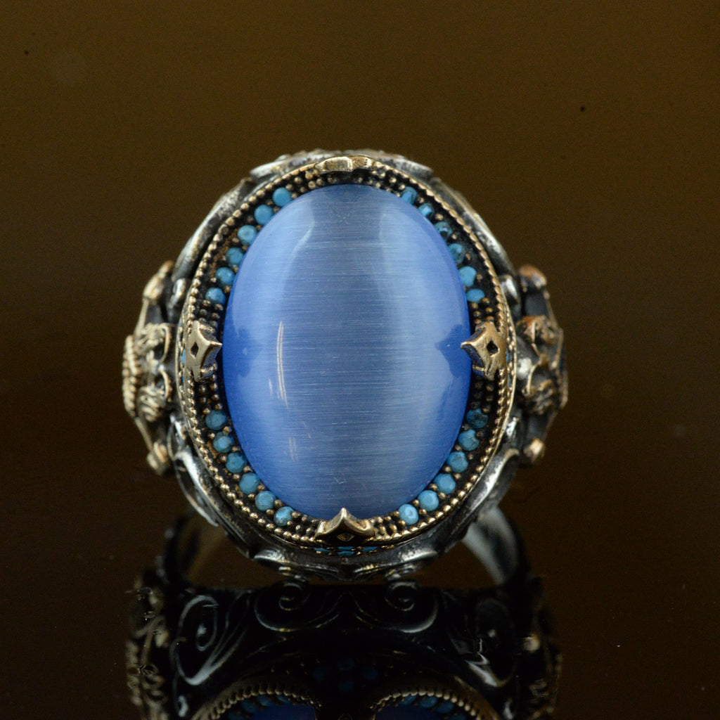 Handcrafted Artificial Stone Ring - 925 Sterling Silver Men's Jewelry (Blue Cat Eye) — 3