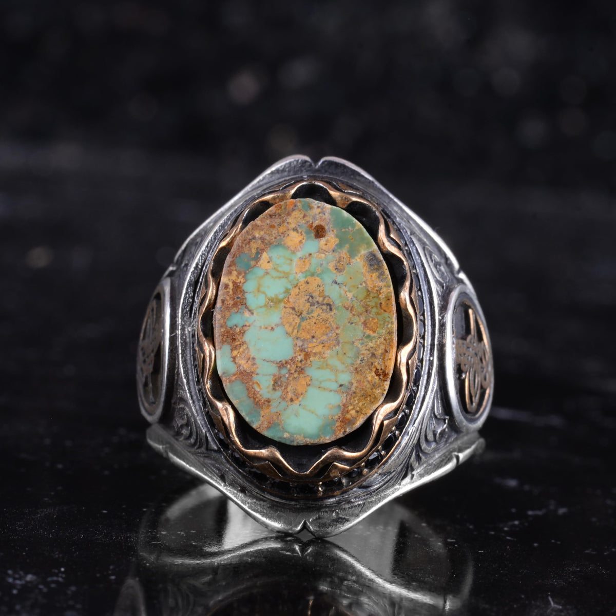 KAMBO Natural Turquoise Stone Ottoman Tugra Men's Ring 925 Sterling Silver – Handmade Statement Ring (Turquoise-5) — 4